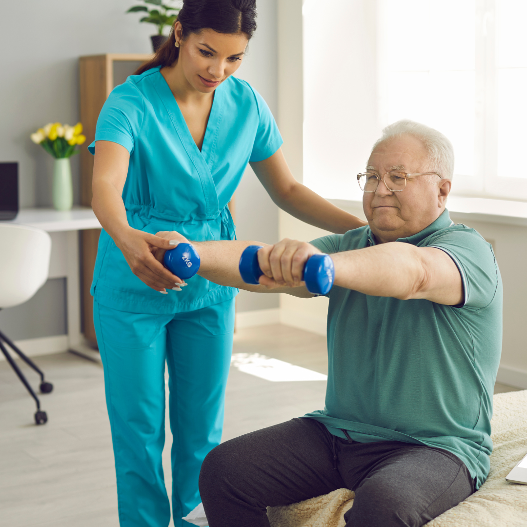 A nurse is helping an elderly man exercise with dumbbells.