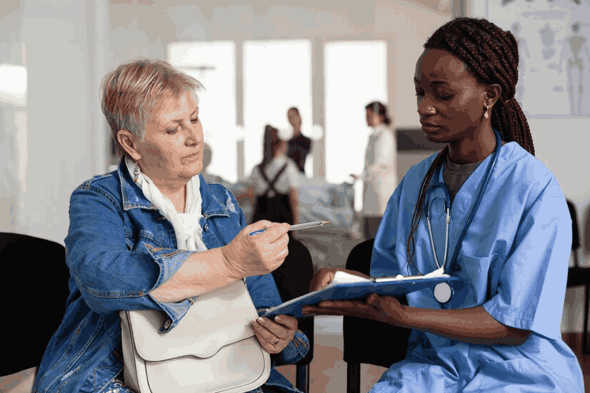 A nurse is talking to an older woman in a hospital waiting room.