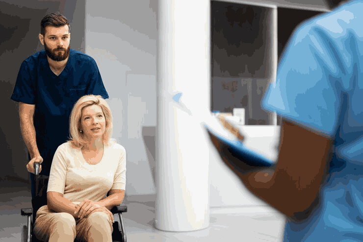 a caregiver pushes a woman in a wheelchair into her doctors appointment.