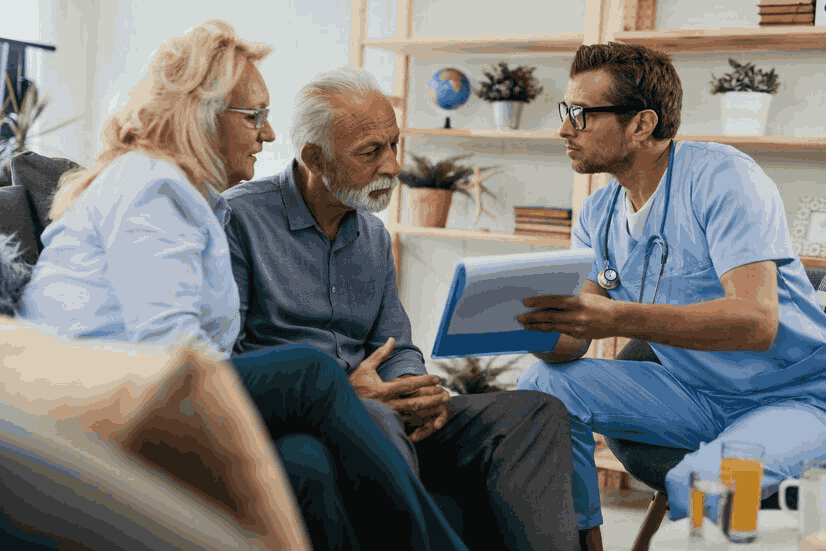 A doctor is talking to an elderly couple while sitting on a couch.