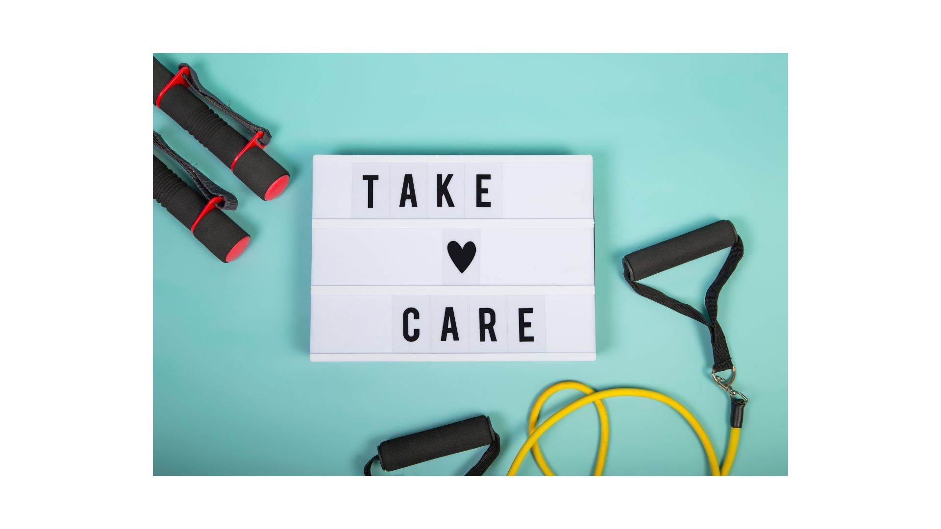 A sign that says `` take care '' is surrounded by exercise equipment on a blue background.