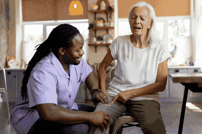 A man is helping an elderly woman with her knee.