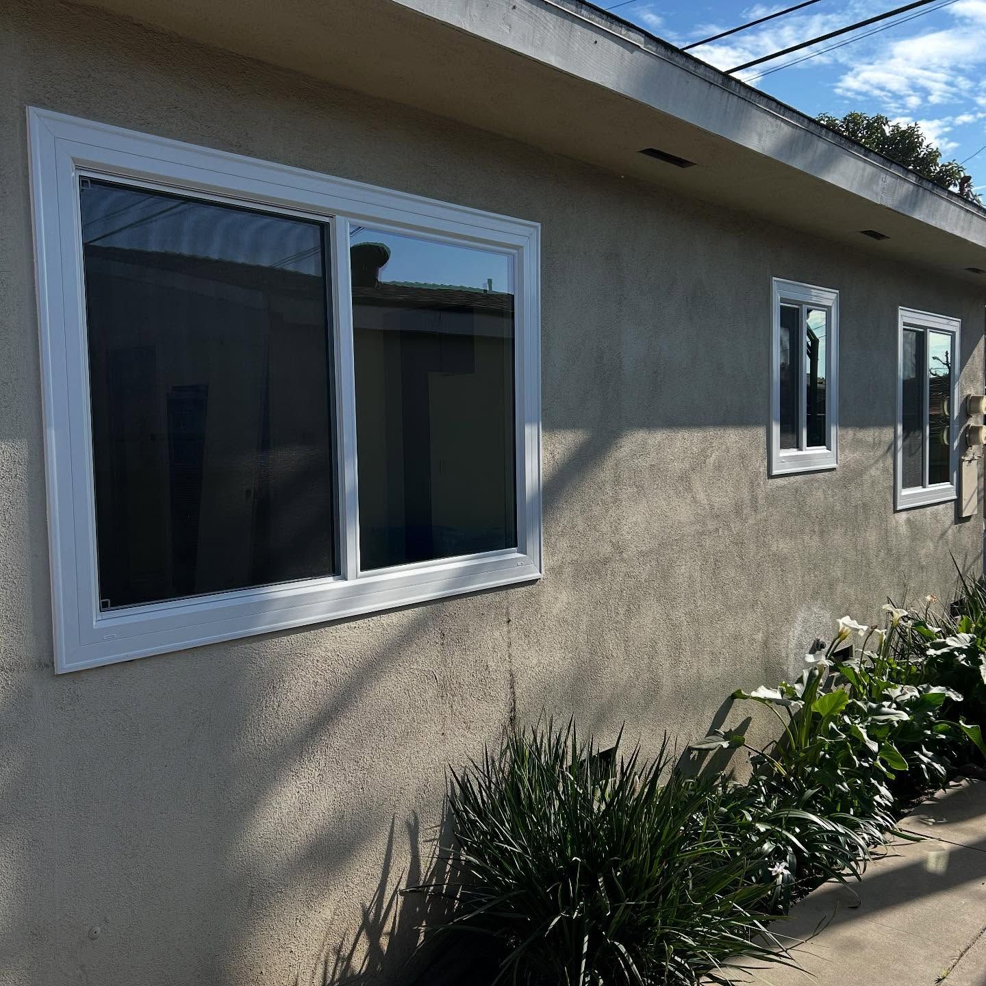 Exterior wall of a house with white-framed windows and a small garden along the sidewalk