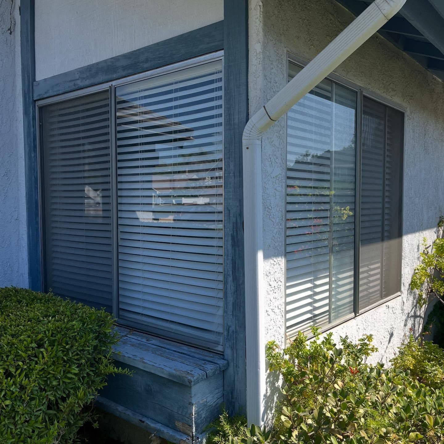 Corner of a house with gray shutters, white trim, and bushes outside a sunlit window.