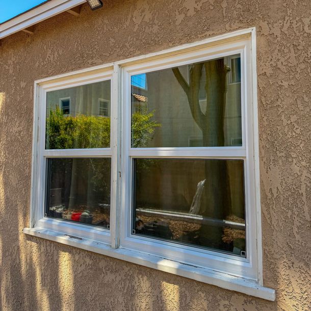 White-framed double window on a beige stucco wall, reflecting trees and sunlight.
