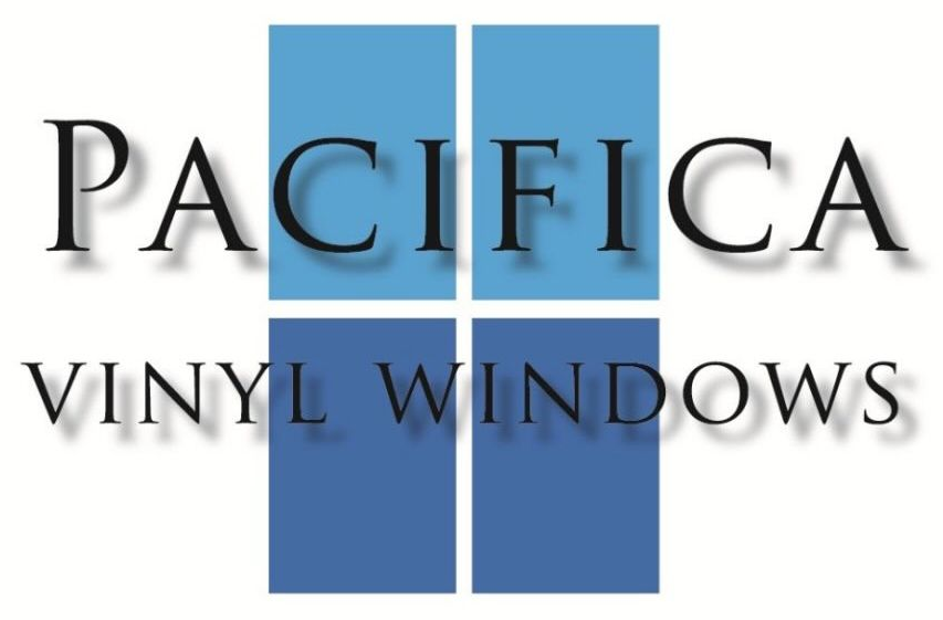 Pacifica Vinyl Windows logo with blue window panes and black serif text