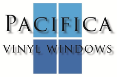 Pacifica Vinyl Windows logo with blue window panes and black serif text