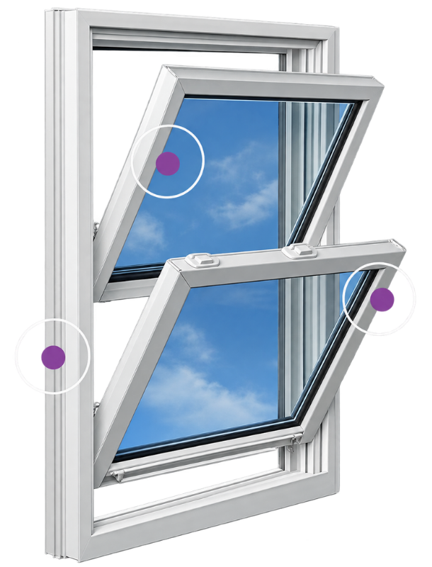 Open double-hung window with a blue sky view, shown partly tilted outward with highlighted corners.