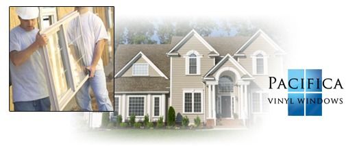 Workers installing a window beside a house with Pacifica Vinyl Windows logo