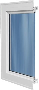 White window frame with blue-tinted glass pane and open side hinges