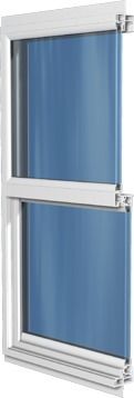 Window with blue cellular shades partially open, showing white frame and silver hardware