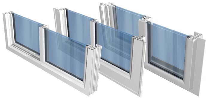 White-framed sliding glass window panels with blue tinted panes aligned in a row