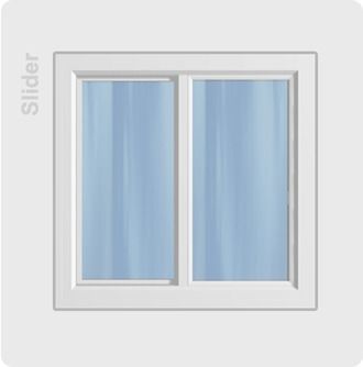 Two-panel white sliding window with blue-tinted glass panes