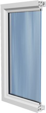 White window frame with a blue glass pane partially open on metal hinges