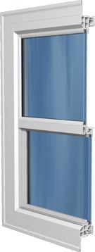 White-framed window with blue-tinted glass panes opened outward