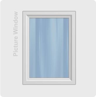 A gray picture window with blue-tinted glass and vertical “Picture Window” text on the left.