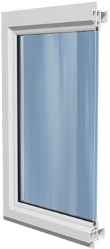 White window with blue-tinted glass and a silver frame