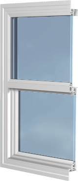 White double-hung window with two blue-tinted panes, partially open