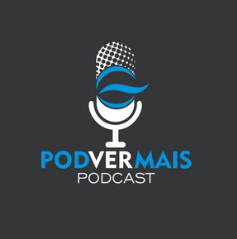 Logotipo do podcast com um microfone branco e detalhes em azul, texto