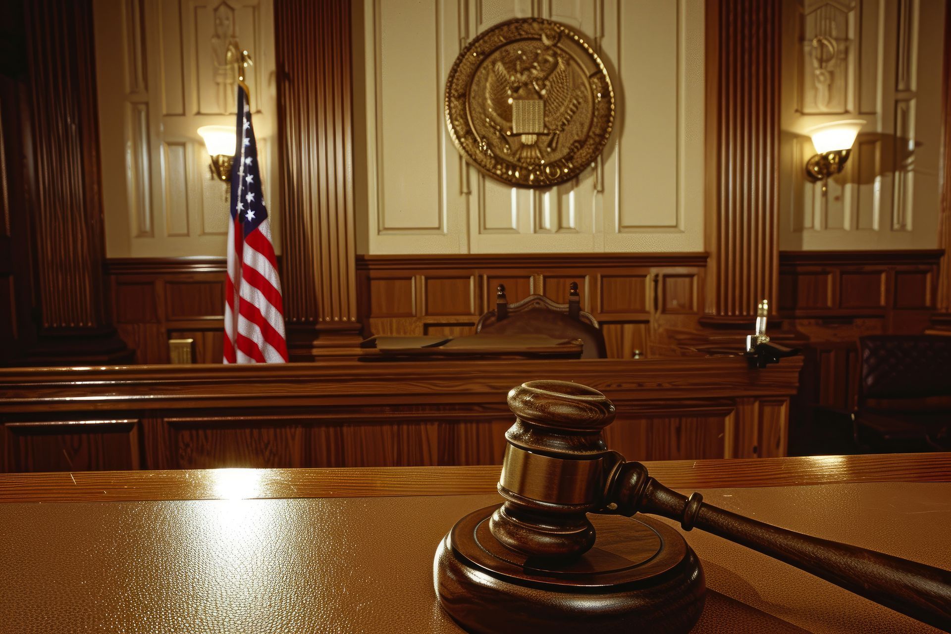 Gavel on a wooden desk in a courtroom. A probation violation hearing in Idaho.