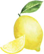 Un dipinto ad acquerello di un limone con una foglia e una fetta di limone.