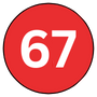 A white number 67 on a red circle with a black outline