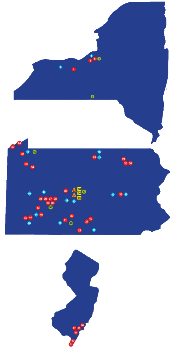 A blue map of New York, Pennsylvania and New Jersey