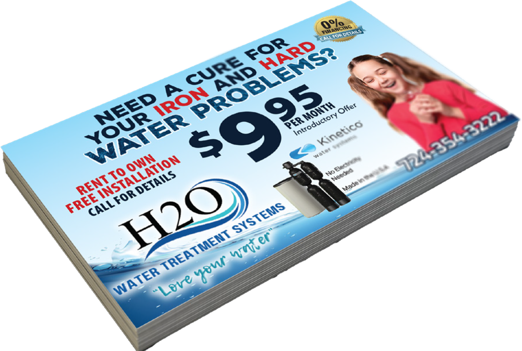A stack of flyers for h2o water treatment systems