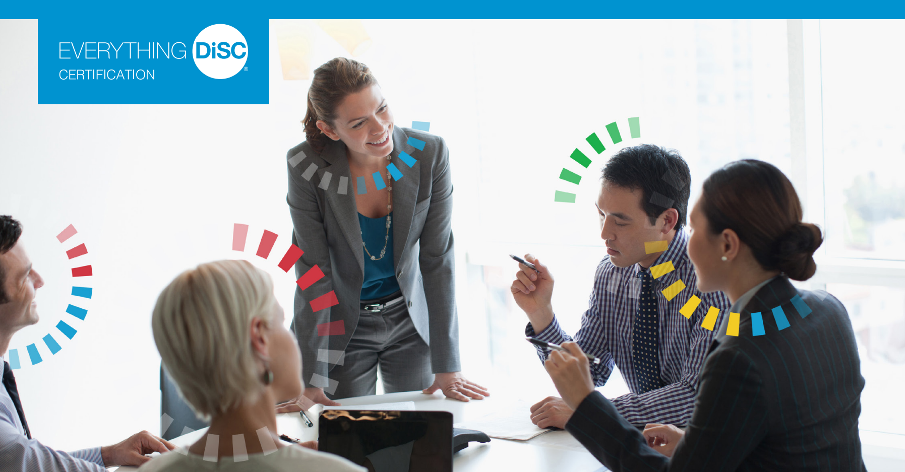 People in a business meeting, with color-coded arcs around their heads. A woman stands and leads the discussion.