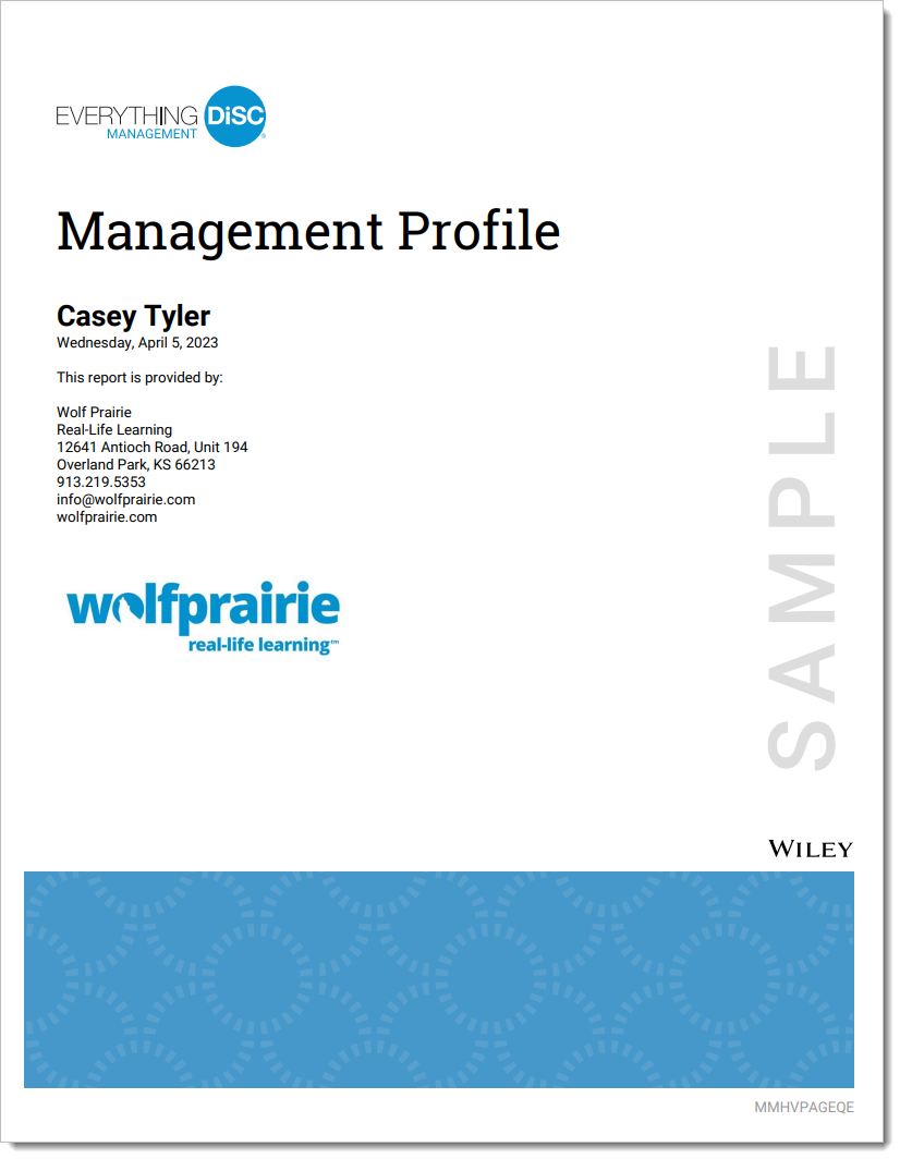 A sample Everything DiSC Management Profile for Casey Tyler, showcasing a report from Wolfprairie with a blue patterned footer.