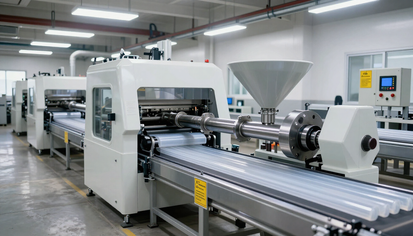 Máquina de extrusión de plástico industrial en una fábrica limpia, con una tolva grande y un panel de control.