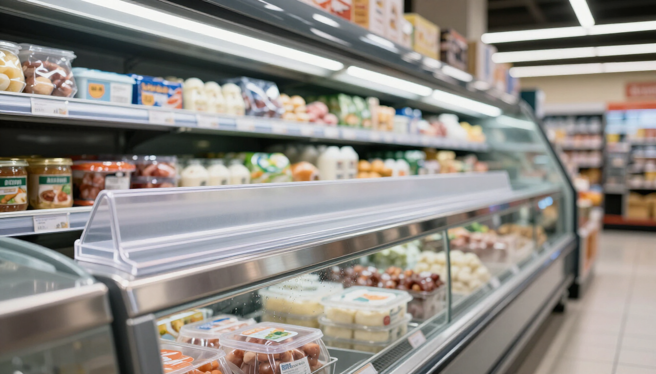Vitrina refrigerada de supermercado con alimentos envasados ​​bajo una brillante iluminación en el pasillo.