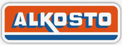Logotipo de ALKOSTO en azul y naranja sobre un rectángulo blanco redondeado.