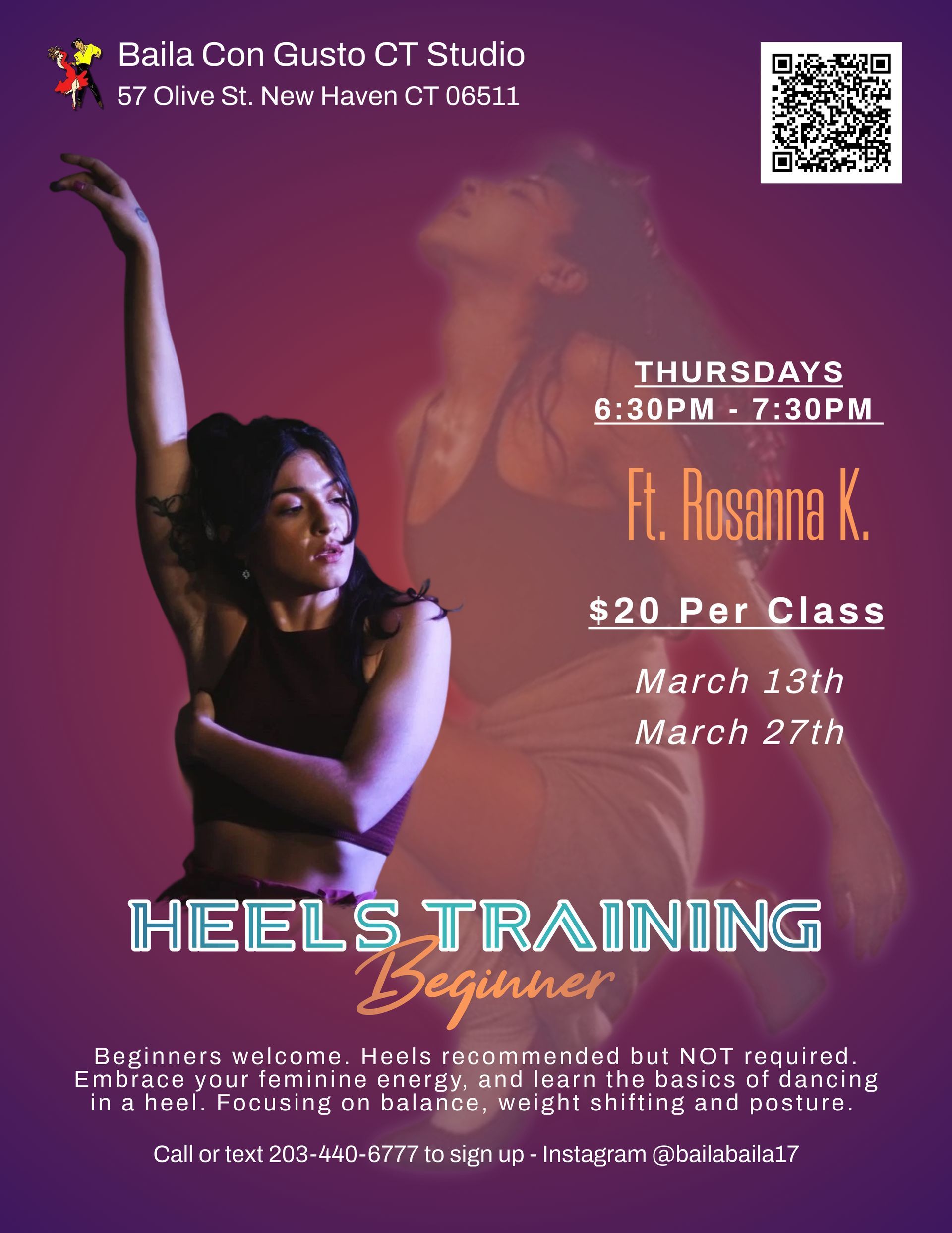 A woman is dancing on a poster for heels training beginner.