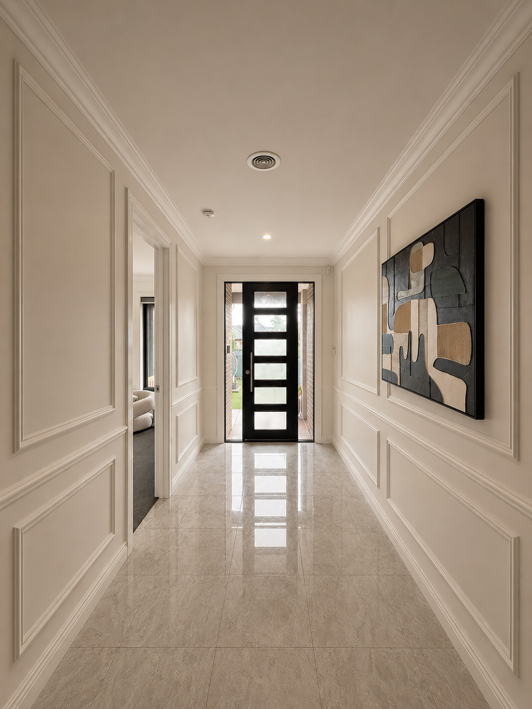 Bright hallway with cream walls, tiled floor, wall art, and a glass front door at the end.