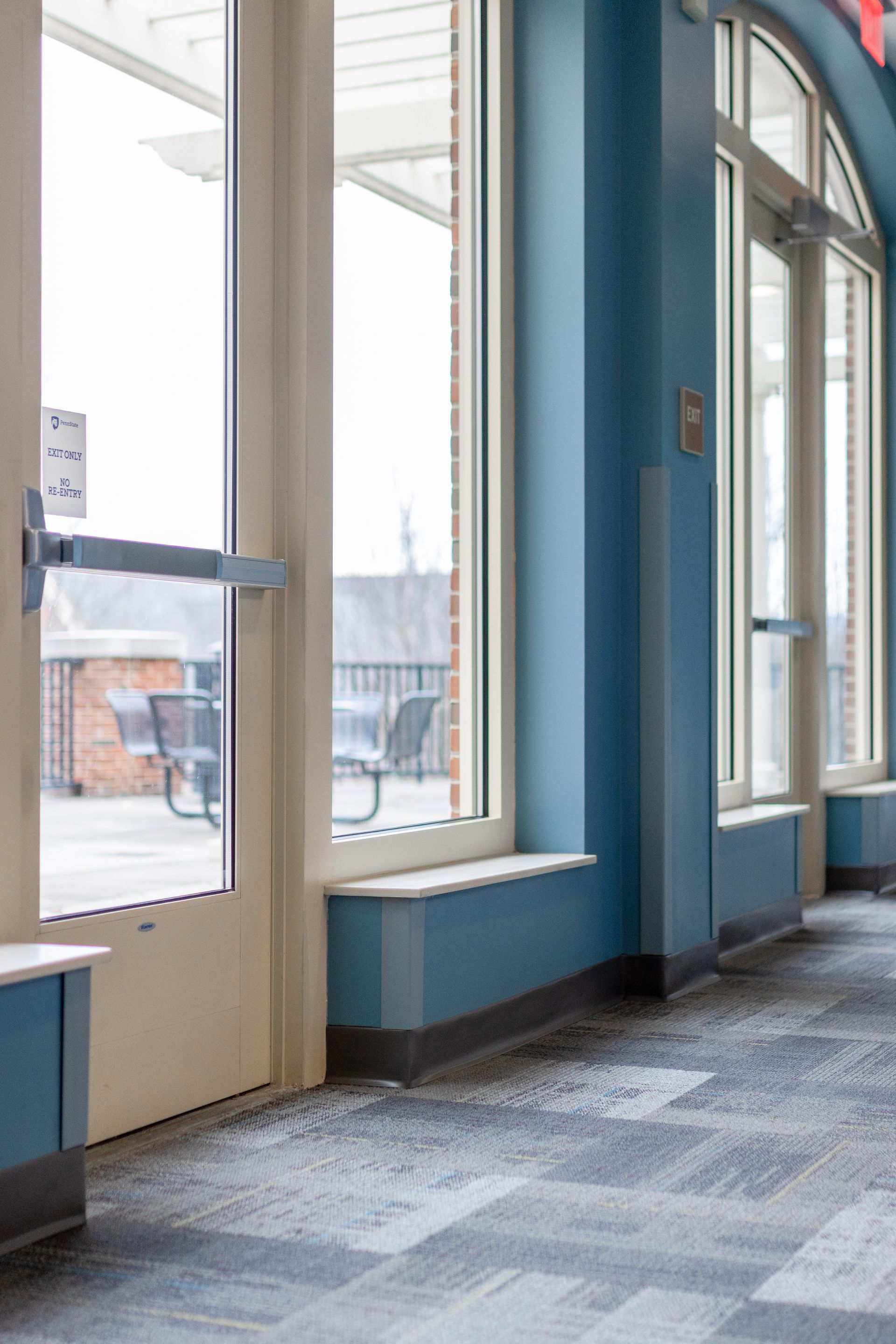 Eastview Terrace Kitchen's bright empty hallway with blue walls, large windows, and a glass door letting in daylight.