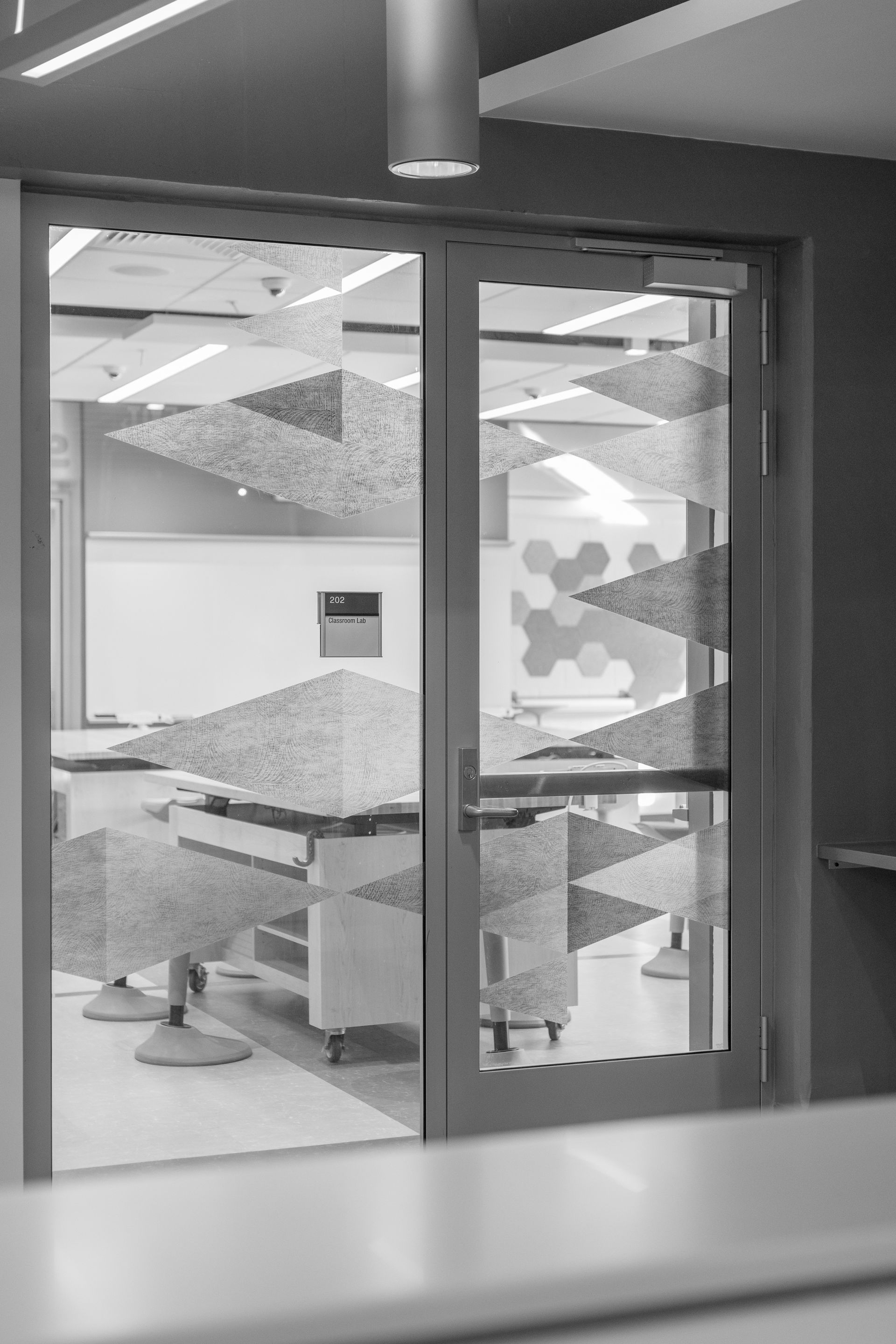 Glass door with triangular patterned film, revealing a lab with tables and equipment.
