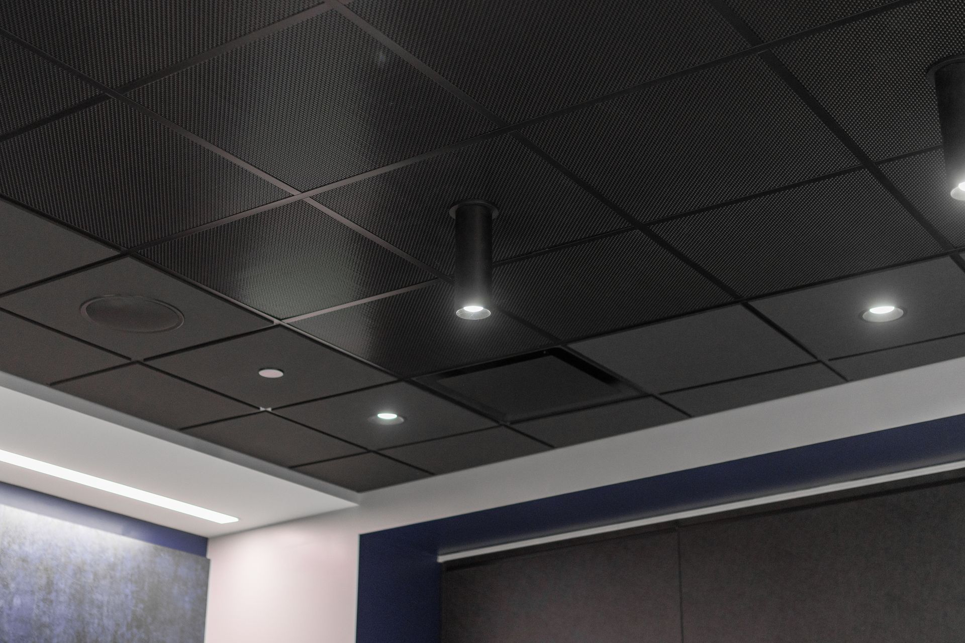 Bryce Jordan Center's ceiling with black acoustic tiles, recessed lights, and a blue wall in a modern room