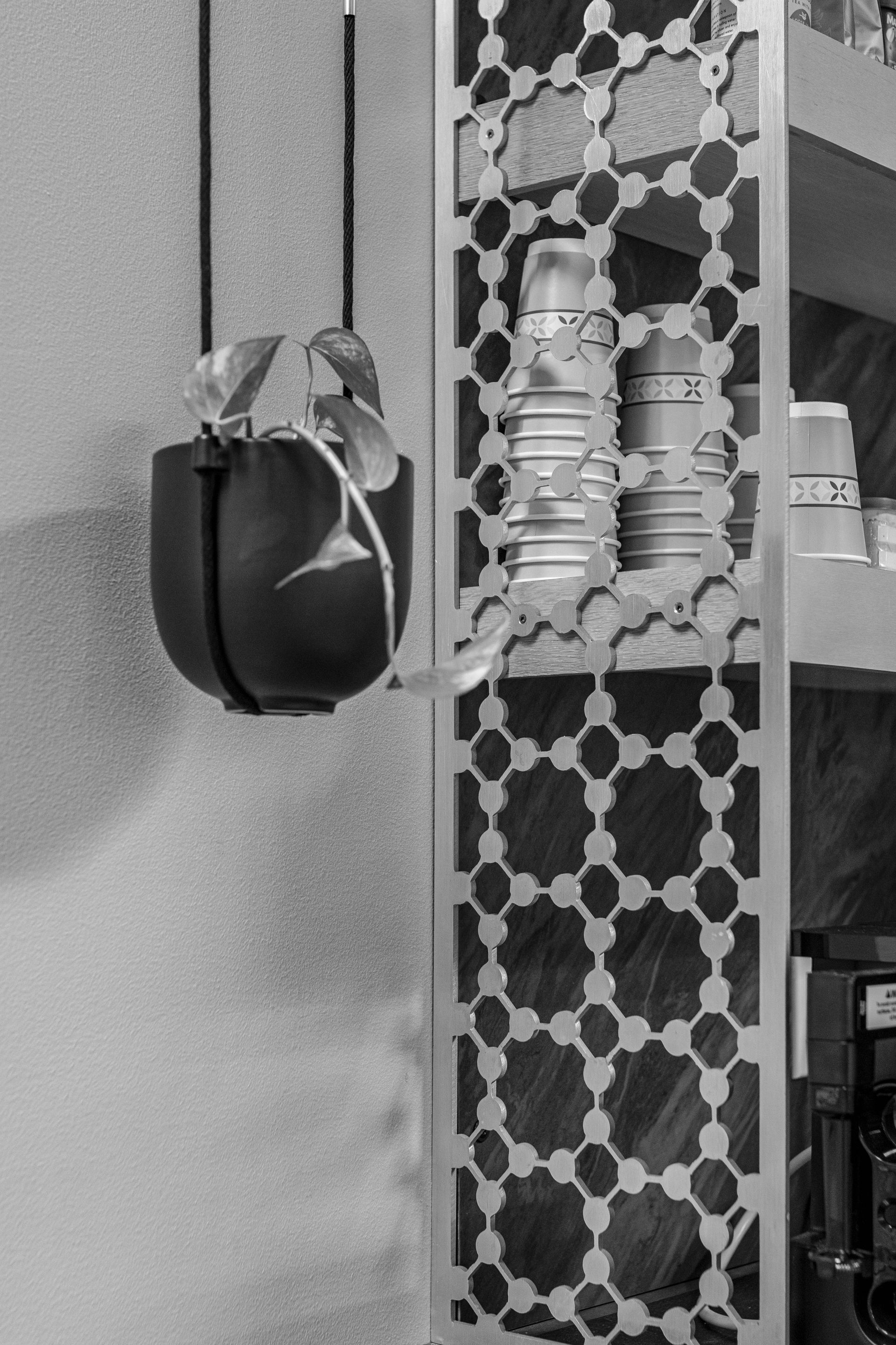 A hanging black planter with a small green plant beside a geometric laser-cut metal shelving unit at Penn State Earth and Engineering Sciences kitchen