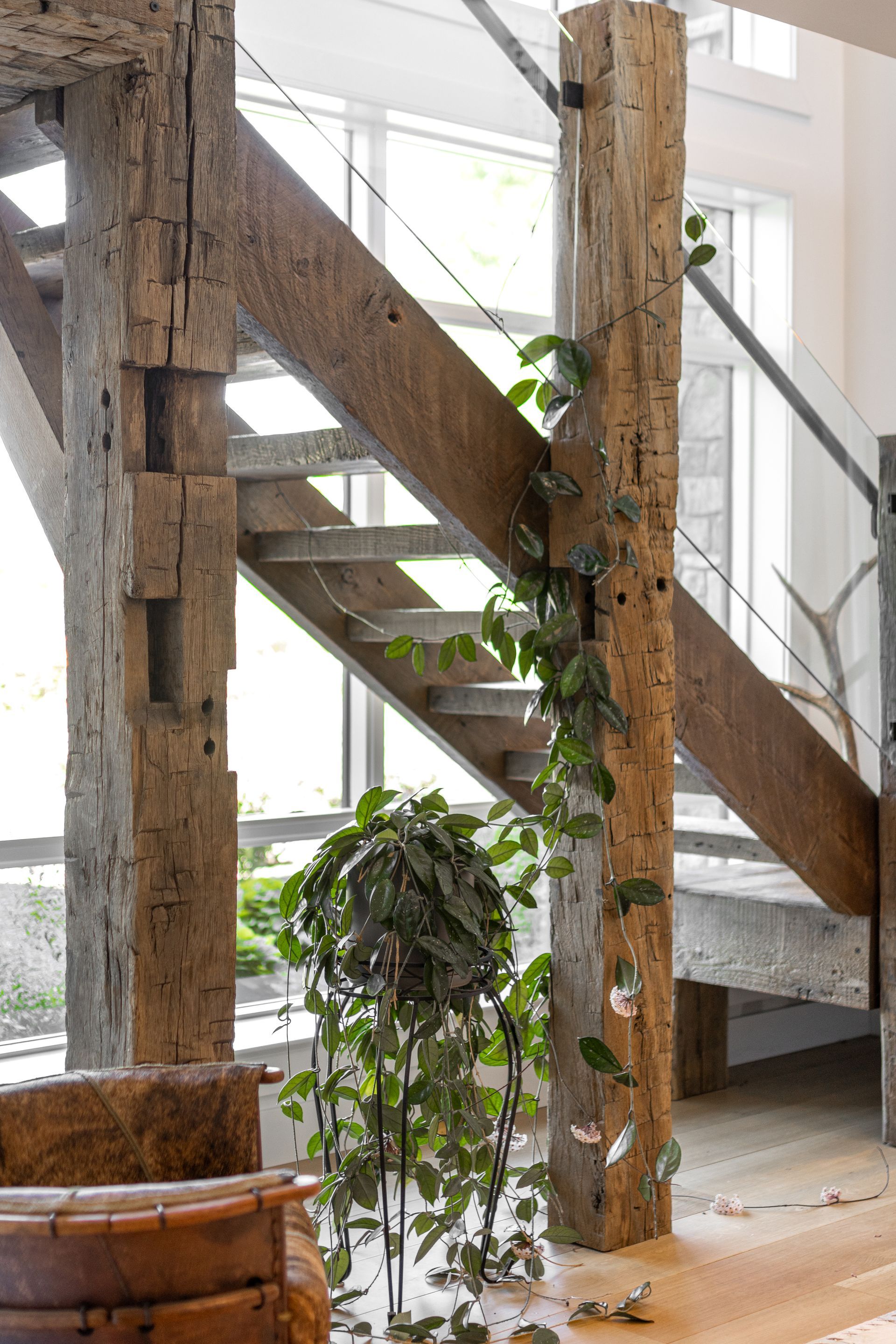 Modern rustic interior with exposed wooden staircase, cork-covered columns, and hanging plants