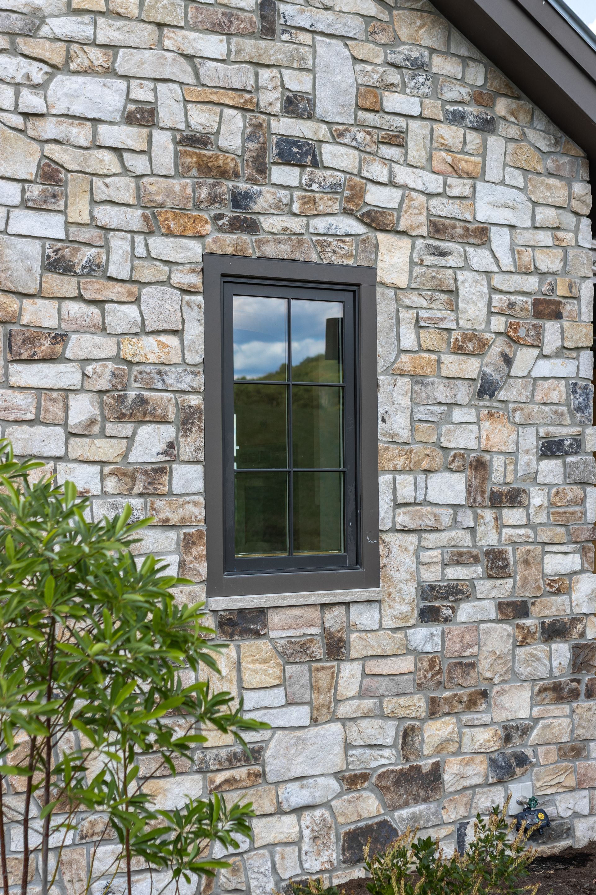 Stone house wall with a narrow dark-framed window and green shrubbery in front