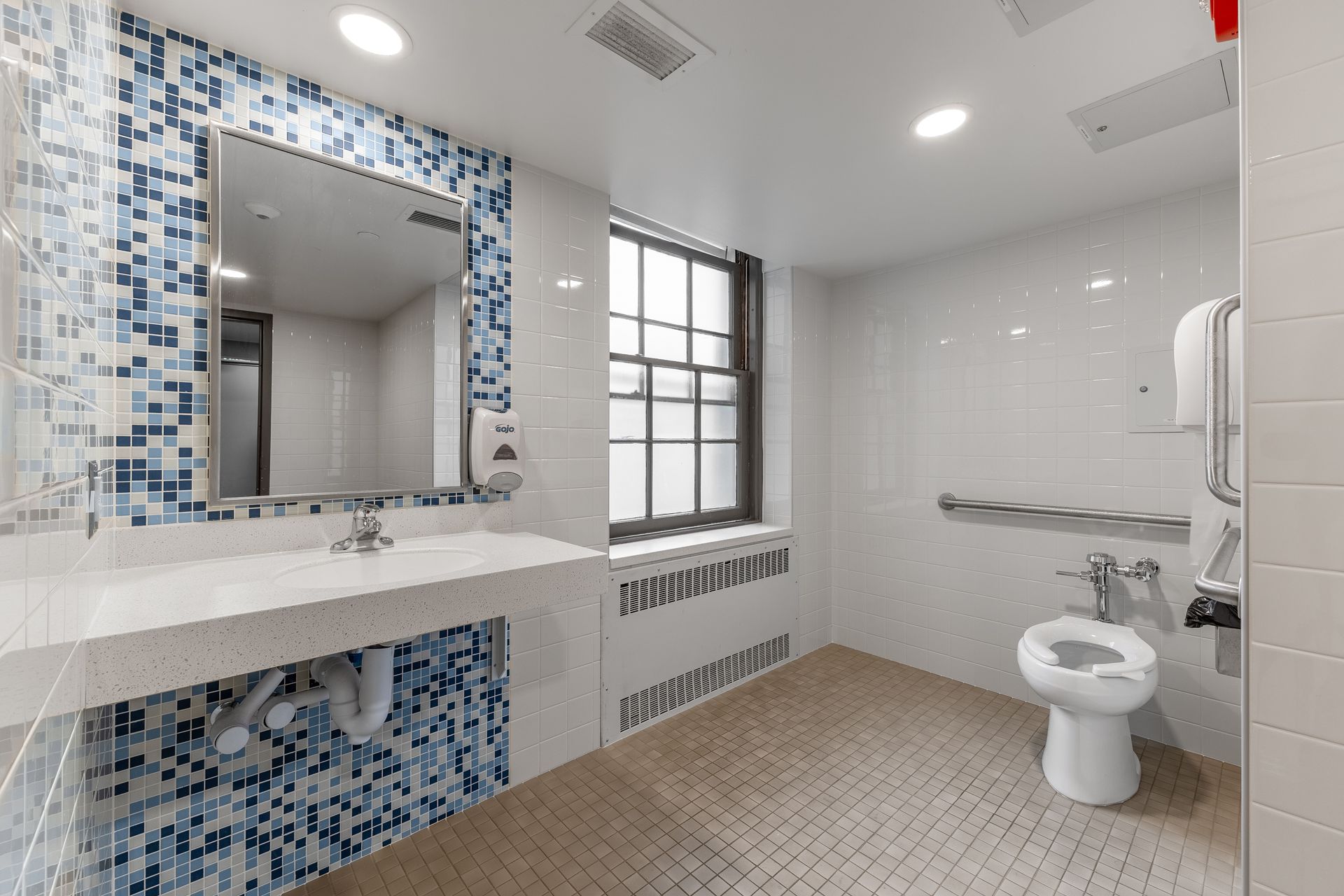Hamilton Hall accessible bathroom with mosaic sink, mirror, window, and grab bars beside a toilet
