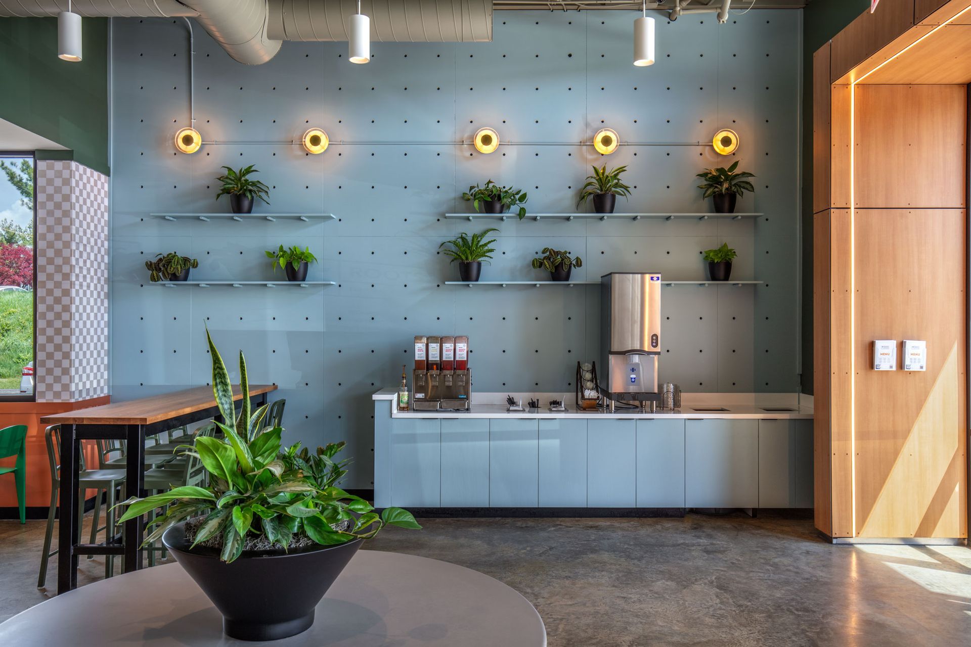 Roots Natural Kitchen's interior with potted plants, wall shelves, pendant lights, and warm wood accents