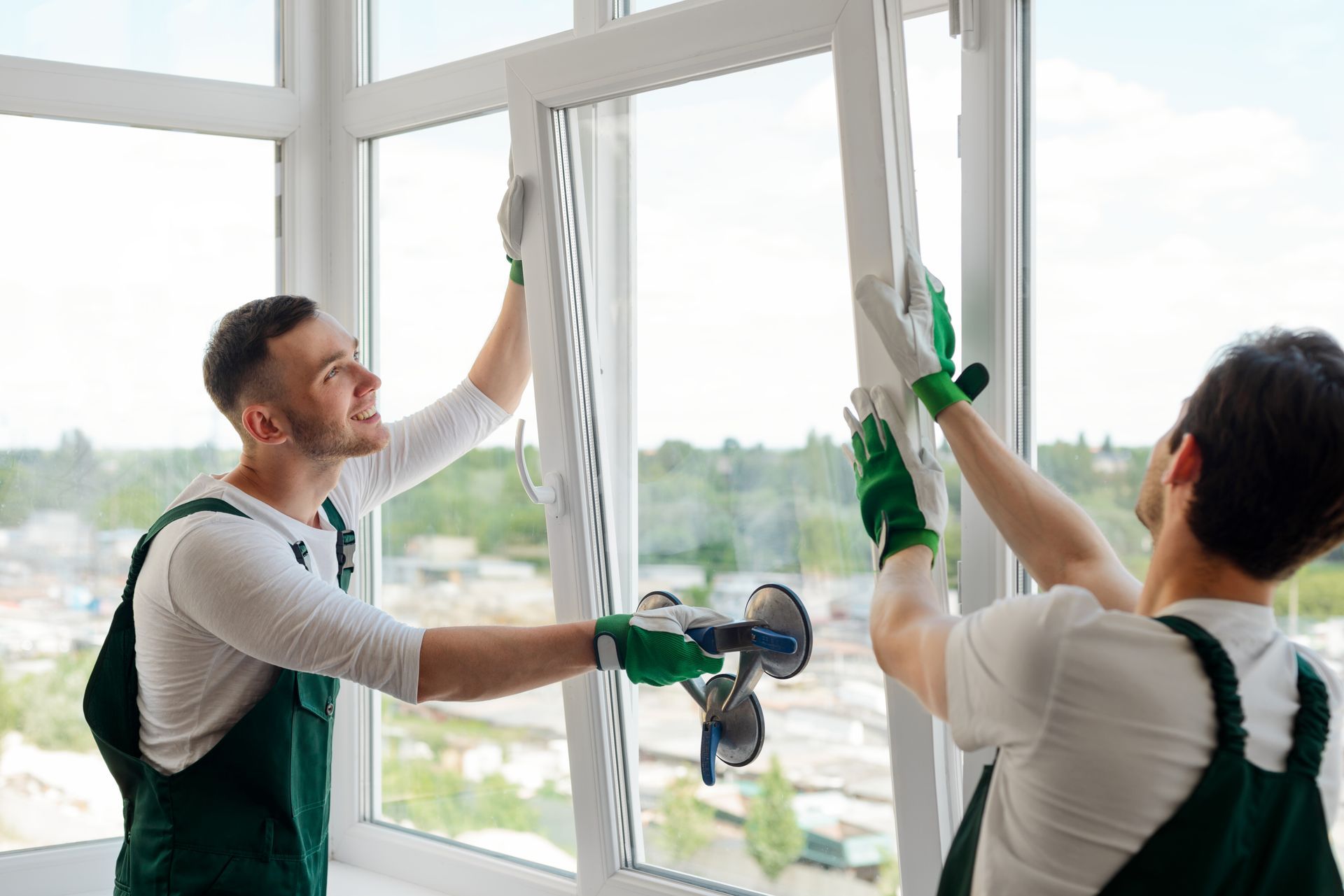 Workers are performing a residential window replacement. Workers are performing a residential window replacement.