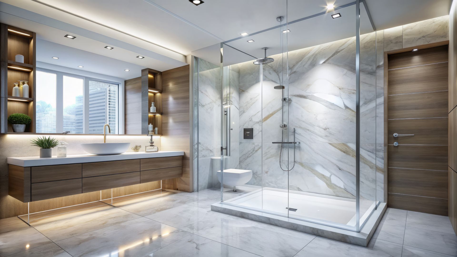 A frameless glass corner shower with marble walls, rainfall showerhead, and modern wood vanity A frameless glass corner shower with marble walls, rainfall showerhead, and modern wood vanity