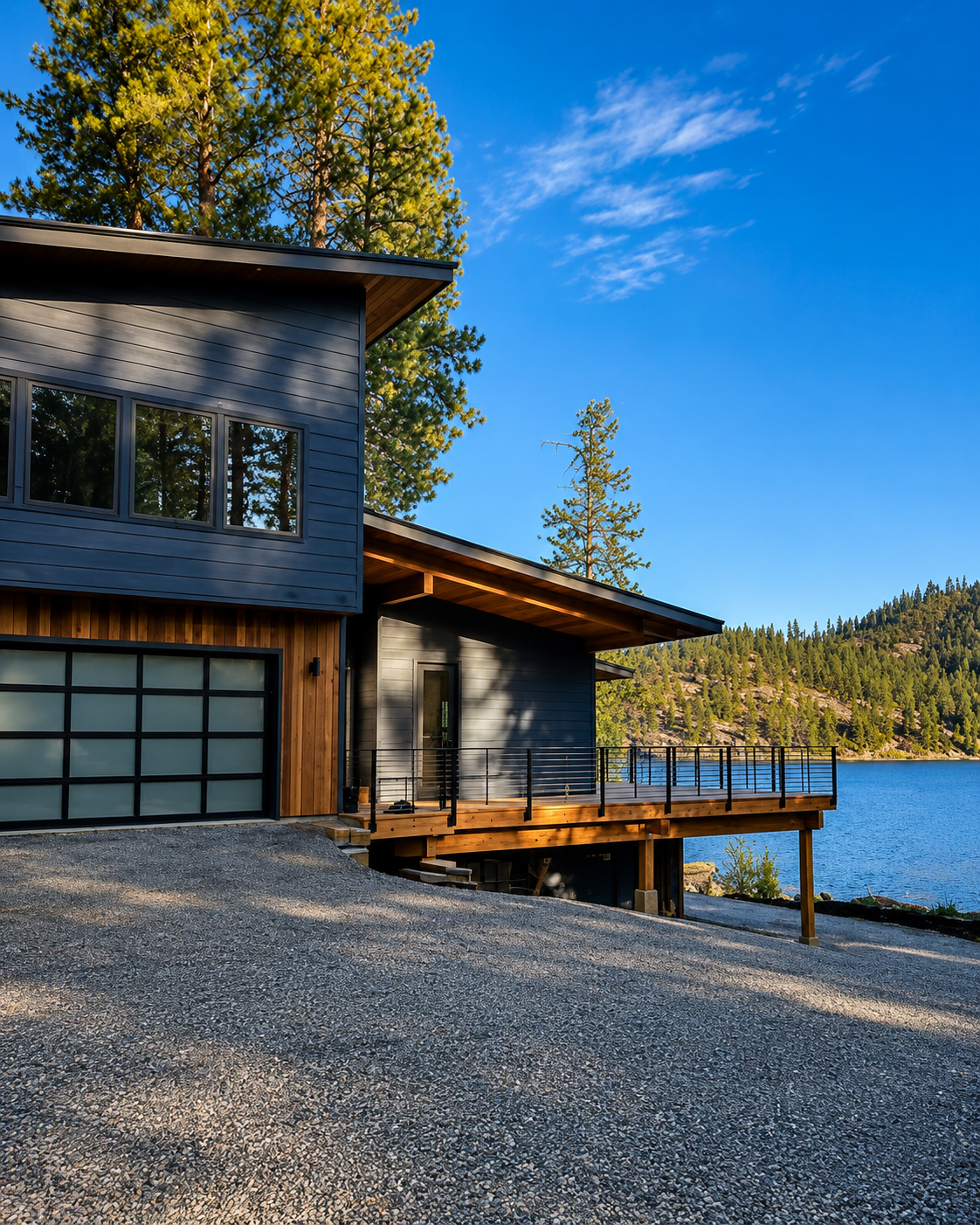 Lakeside cabin with wooden deck, gravel shore, and forested hills under a bright blue sky