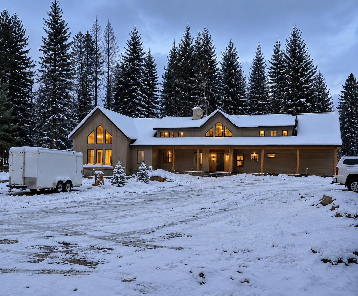 Snowy cabin with warm lit windows and tall pine trees at dusk
