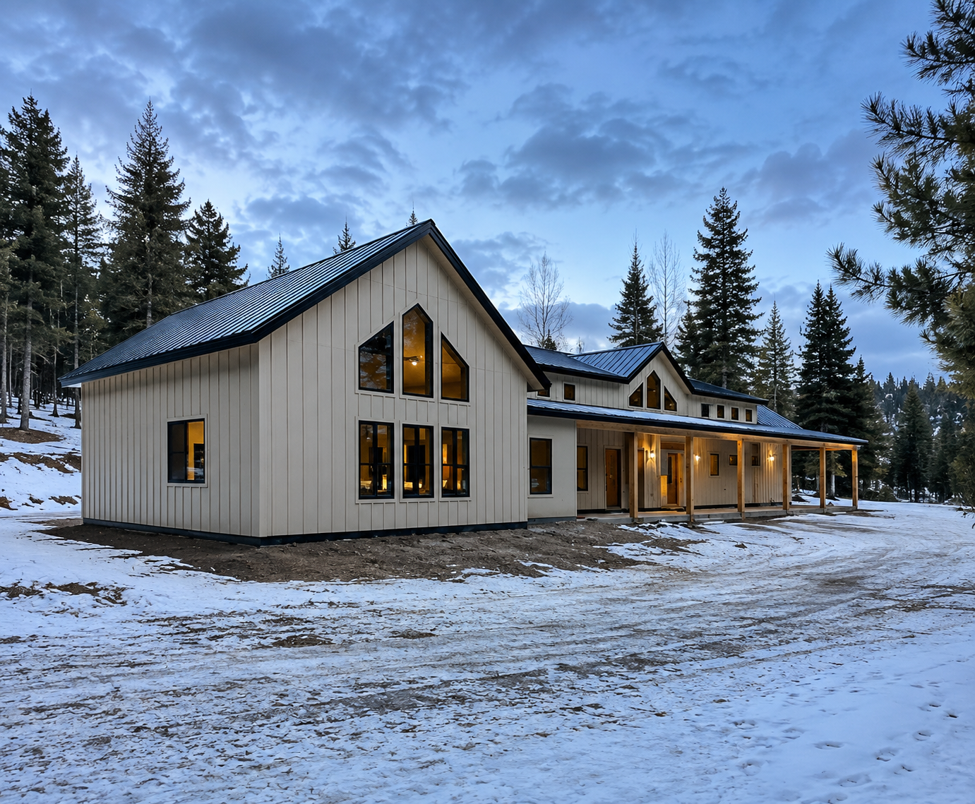 Modern beige house with lit windows in a snowy forest at dusk