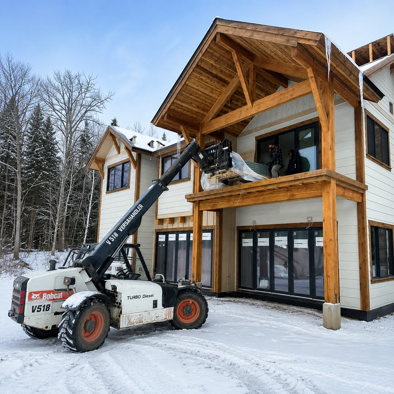 Telehandler lifting materials to a snowy timber house under construction