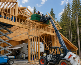 Construction site with exposed wooden framing and a telehandler lifting materials beside a roof deck